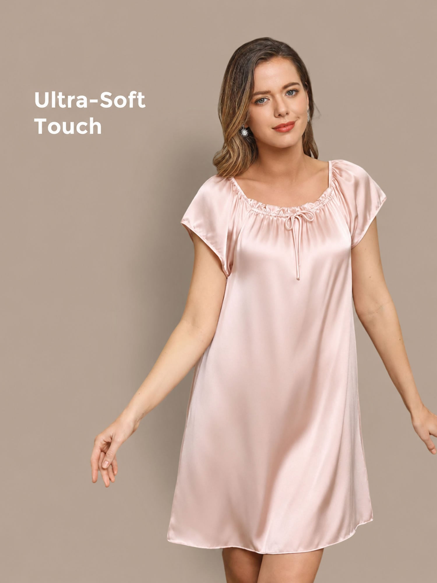 [Vaalea Pinkki] SilkSilky-FI Cap Sleeve Square Neck Yöpaita 001