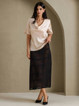 [Beige] SilkSilky-FI Short Sleeve Cowl Neck Naisten Puserot 007