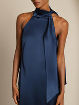 [Tummansininen] SilkSilky-FI Sleeveless Tie Neck Mekko 005