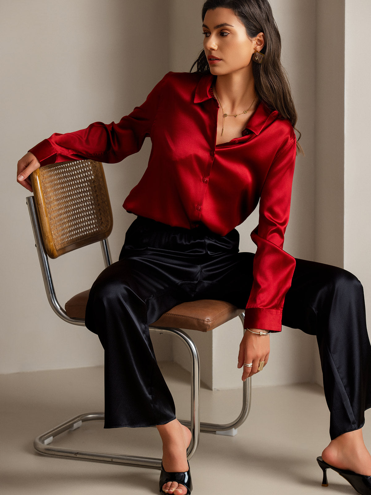 [Punainen] SilkSilky-FI Long Sleeve Lapel Collar Naisten paita 001
