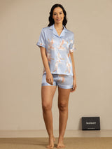 [Vaaleansininen] SilkSilky-FI Short Sleeve Notkokaulus Naisten Pyjamat 007