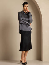 [Tumman Harmaa] SilkSilky-FI Long Sleeve Lapel Collar Naisten paita 001