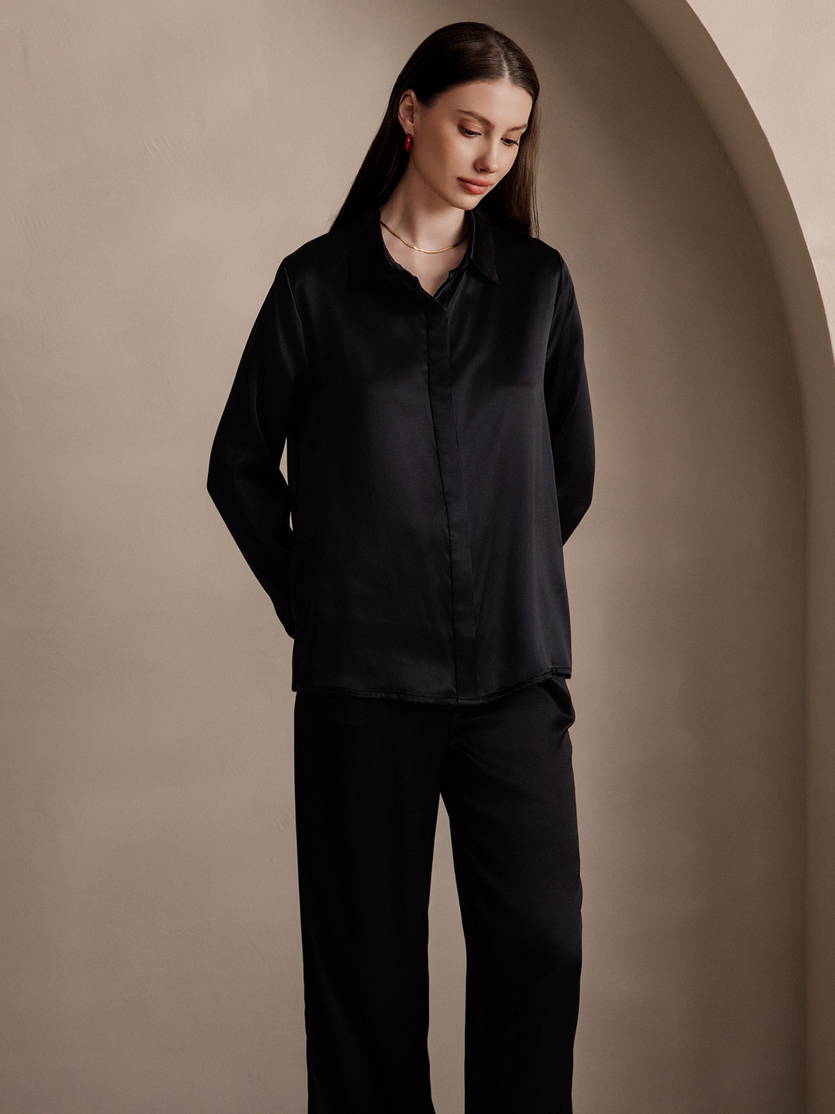 [Musta] SilkSilky-FI 19Momme Lapel Collar Naisten paita 005