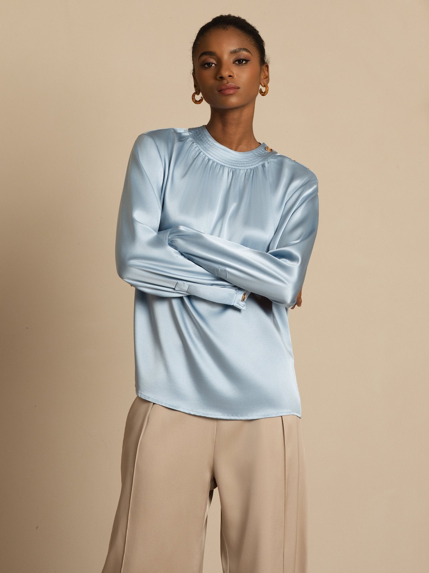 [Harmaansininen] SilkSilky-FI 19Momme Silkki Pitkähihainen Pyöreä Pääntie Pusero 004