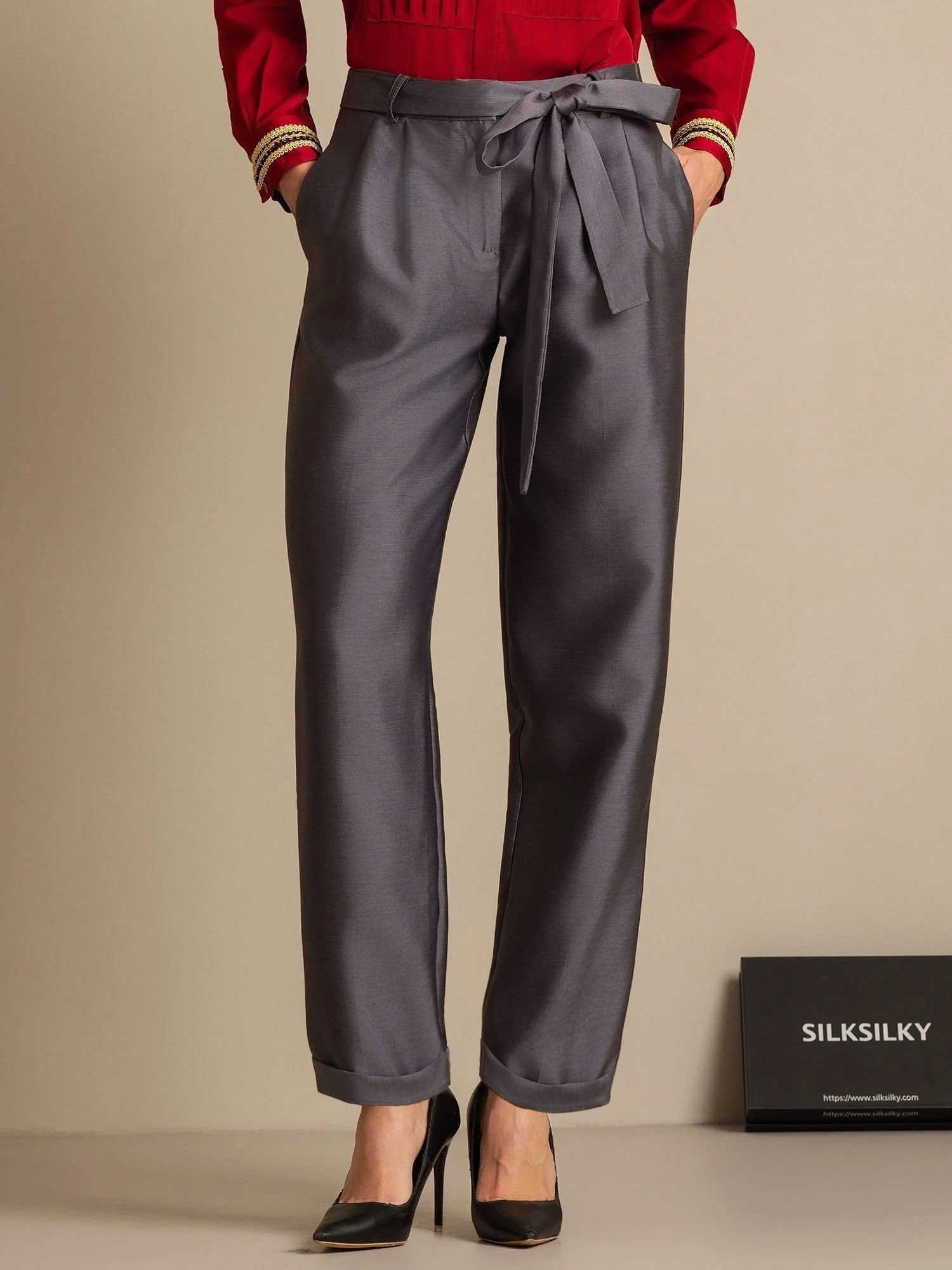 [Harmaa] SilkSilky-FI 32Momme Silk-Wool Blend Womens Pants 001