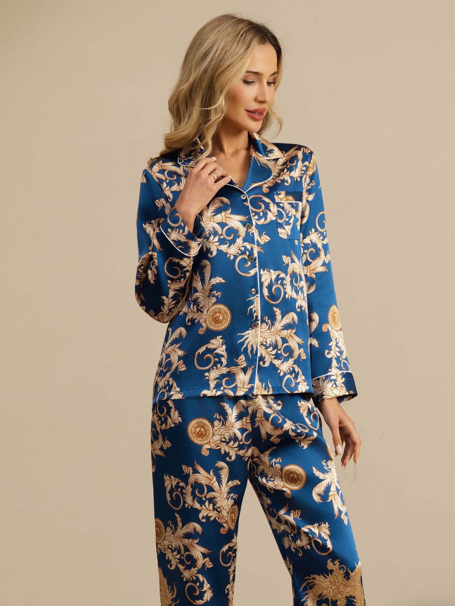 [Navy Lohikäärme] SilkSilky-FI Pitkähihainen Notkokaulus Naisten Pyjamat 005