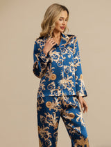 [Navy Lohikäärme] SilkSilky-FI Long Sleeve Notkokaulus Naisten Pyjamat 005