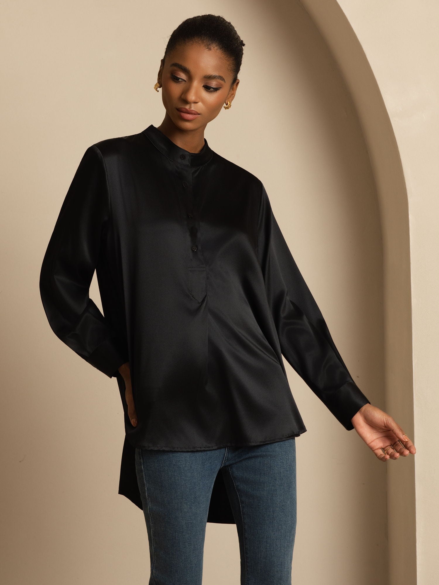 [Musta] SilkSilky-FI 19Momme Silkki Pitkähihainen Pystykaulus Pusero 005