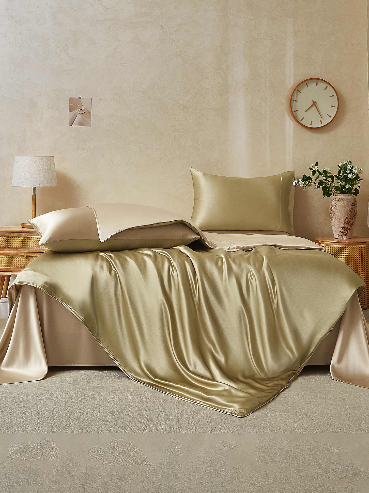 [Beige+Khaki] SilkSilky-FI 19Momme Bedding Set 001,