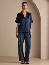 [Tummansininen] SilkSilky-FI Short Sleeve Notkokaulus Naisten paita 006
