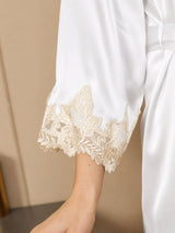 [Valkoinen] SilkSilky-FI 3/4 Sleeve V Neck Yöpaita ja Aamutakkisetti 005