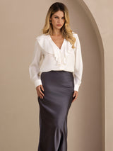 [Valkoinen] SilkSilky-FI Long Sleeve Deep V Neck Naisten Puserot 003