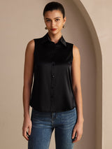 [Musta] SilkSilky-FI Sleeveless Lapel Collar Naisten paita 003
