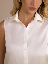 [Valkoinen] SilkSilky-FI Sleeveless Lapel Collar Naisten paita 004