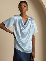 [Harmaansininen] SilkSilky-FI Short Sleeve Cowl Neck Naisten Puserot 001
