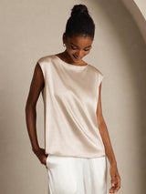 [Beige] SilkSilky-FI Cap Sleeve Round Neck Naisten T-paita 006