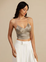 [Khaki] SilkSilky-FI Spaghetti Strap V Neck Camisole Top 007