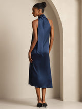 [Tummansininen] SilkSilky-FI Sleeveless Tie Neck Mekko 002