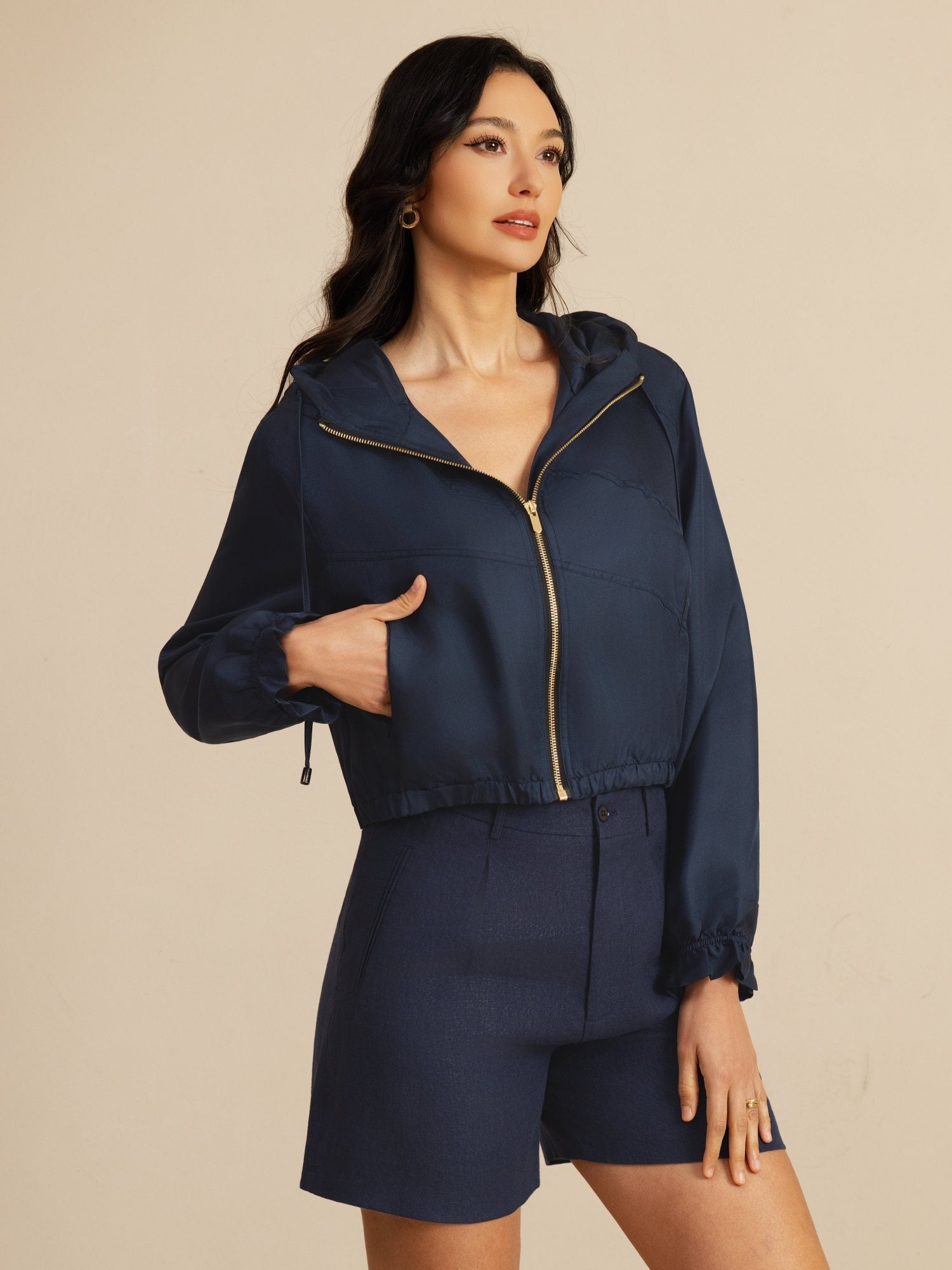 [Tummansininen] SilkSilky-FI 18Momme Pitkähihainen Korkea Kaulus Naisten Päällysvaatteet 003