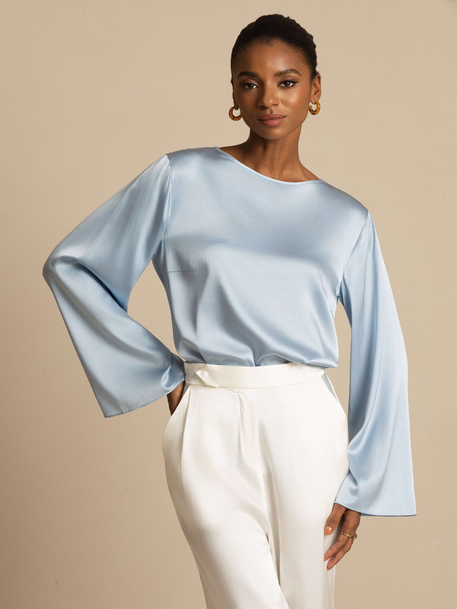 [Harmaansininen] SilkSilky-FI 19Momme Pitkähihainen Venekaula-aukko Pusero 003