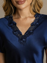 [Tummansininen] SilkSilky-FI Short Sleeve V Neck Yöpaita 004