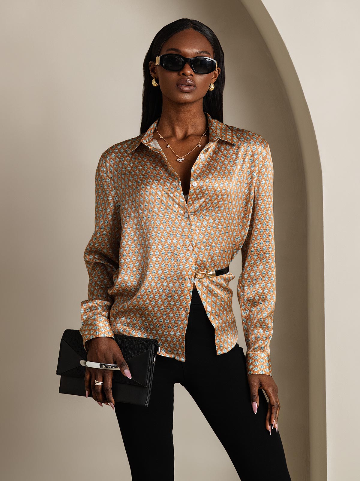 [Kukka] SilkSilky-FI Long Sleeve Lapel Collar Naisten paita 001