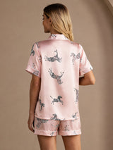 [Vaaleanpunainen Seepra] SilkSilky-FI Short Sleeve Lapel Collar Naisten Pyjamat 002