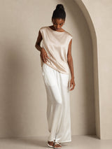 [Beige] SilkSilky-FI Cap Sleeve Round Neck Naisten T-paita 006
