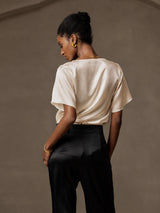 [Beige] SilkSilky-FI Short Sleeve Cowl Neck Naisten Puserot 002