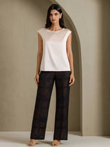 [Beige] SilkSilky-FI Cap Sleeve Round Neck Naisten T-paita 006