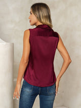 [Tummanpunainen] SilkSilky-FI Sleeveless Lapel Collar Naisten paita 002