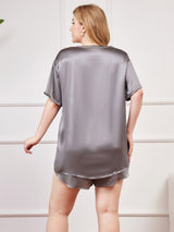 [Harmaanvihreä] SilkSilky-FI Pure Silk Short Sleeve Round Neck Naisten plus-koon pyjamat 002