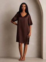 [Ruskea] SilkSilky-FI Half Sleeve V Neck Yöpaita 008