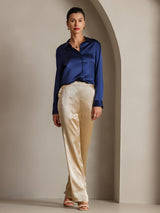 [Tummansininen] SilkSilky-FI Long Sleeve Lapel Collar Naisten paita 003