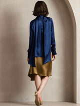 [Tummansininen] SilkSilky-FI Long Sleeve Tie Neck Pusero 002