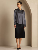 [Tumman Harmaa] SilkSilky-FI Long Sleeve Lapel Collar Naisten paita 008
