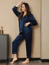 [Tummansininen] SilkSilky-FI Pitkähihainen Notkokaulus Naisten Pyjamat 001