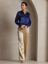 [Tummansininen] SilkSilky-FI Long Sleeve Lapel Collar Naisten paita 006