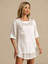 [Valkoinen] SilkSilky-FI Short Sleeve Round Neck Naisten Pyjamat 004