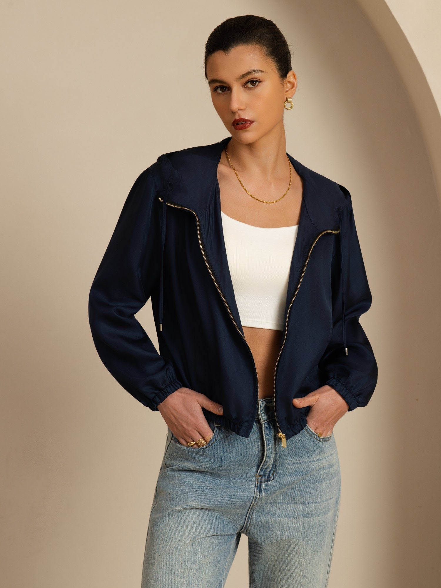 [Tummansininen] SilkSilky-FI 18Momme Pitkähihainen Pystykaulus Naisten Päällysvaatteet 003