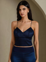 [Tummansininen] SilkSilky-FI Spaghetti Strap V Neck Camisole Top 001