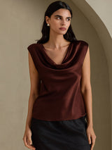[Tumma Suklaa] SilkSilky-FI Cap Sleeve Cowl Neck Naisten T-paita 001