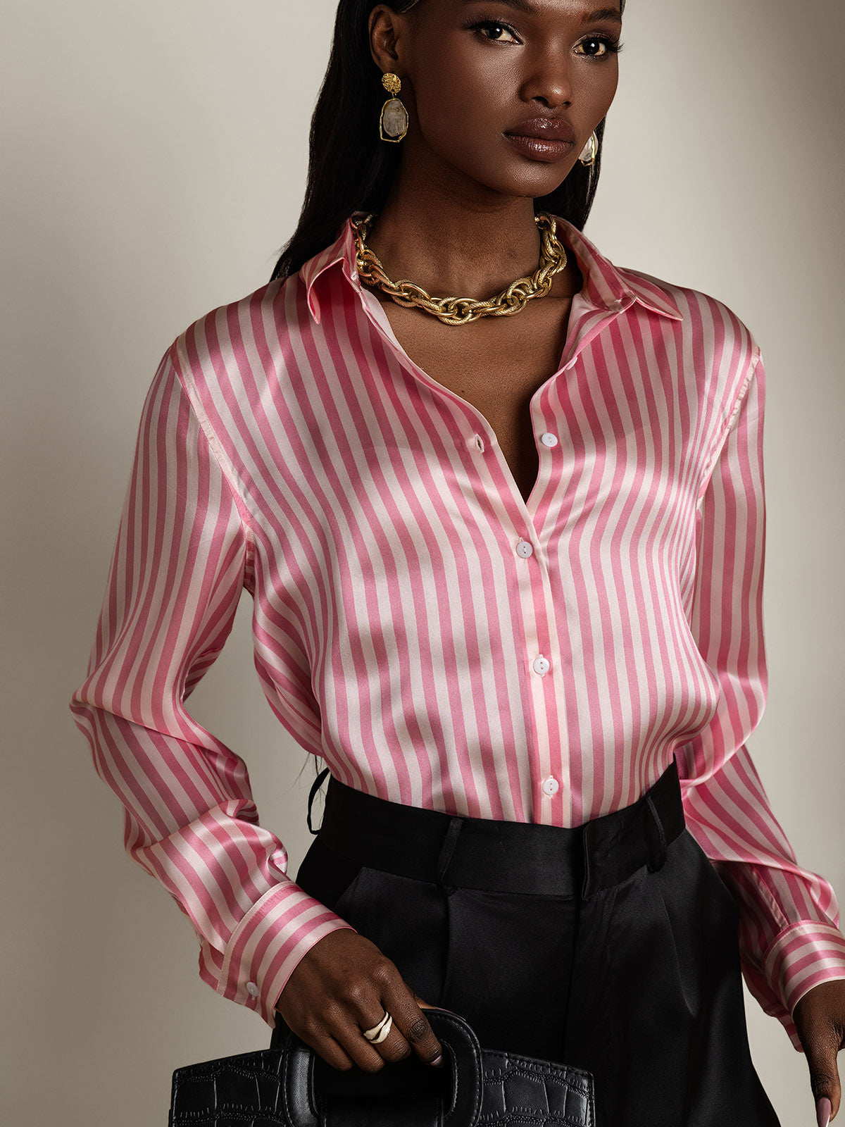 [Rosa Raita] SilkSilky-FI Long Sleeve Lapel Collar Naisten paita 001