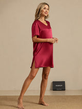 [Tummanpunainen] SilkSilky-FI Half Sleeve V Neck Yöpaita 006