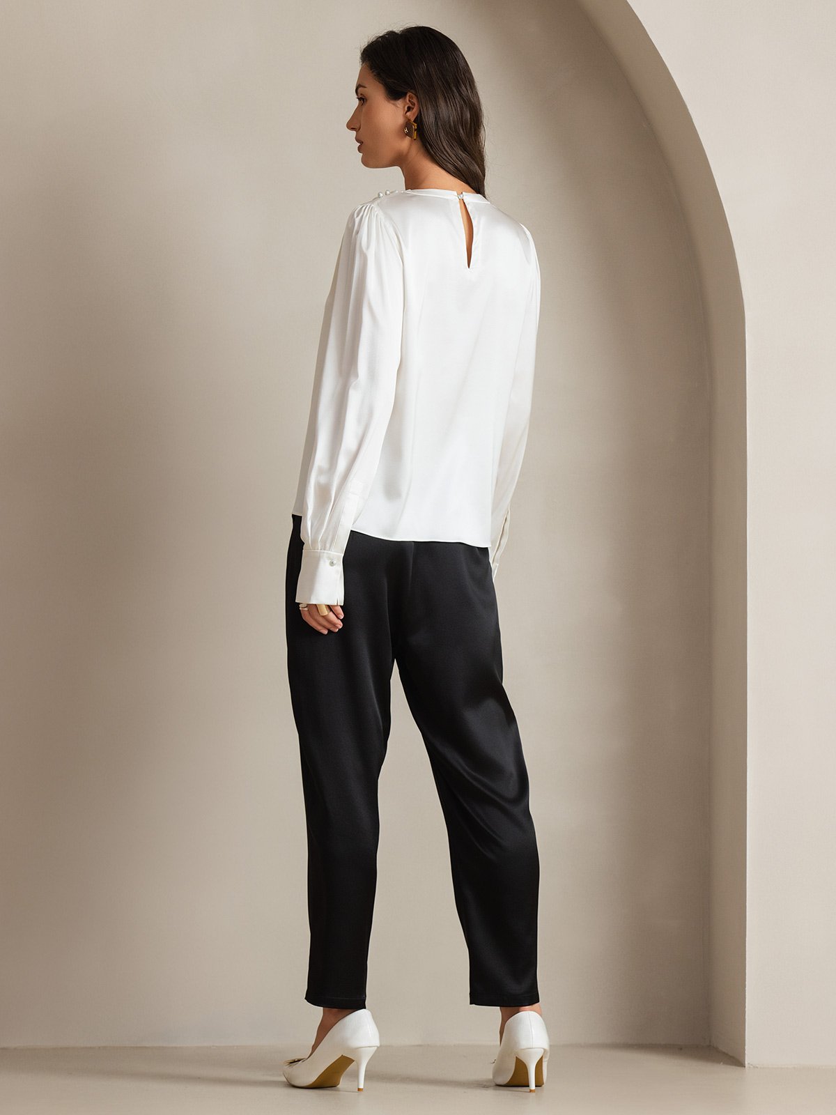 [Valkoinen] SilkSilky-FI 19Momme Womens Shirt 002
