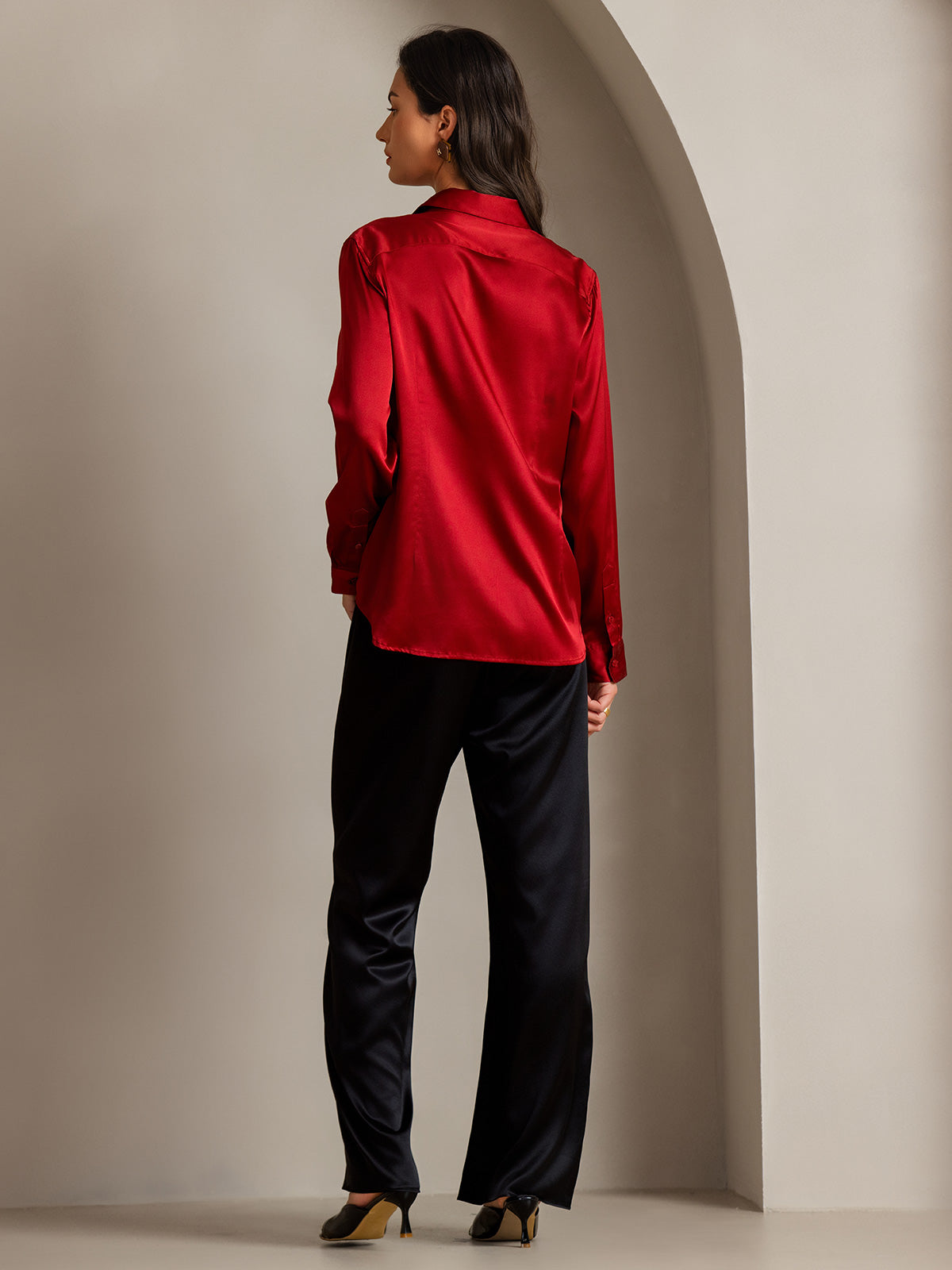 [Punainen] SilkSilky-FI Long Sleeve Lapel Collar Naisten paita 002