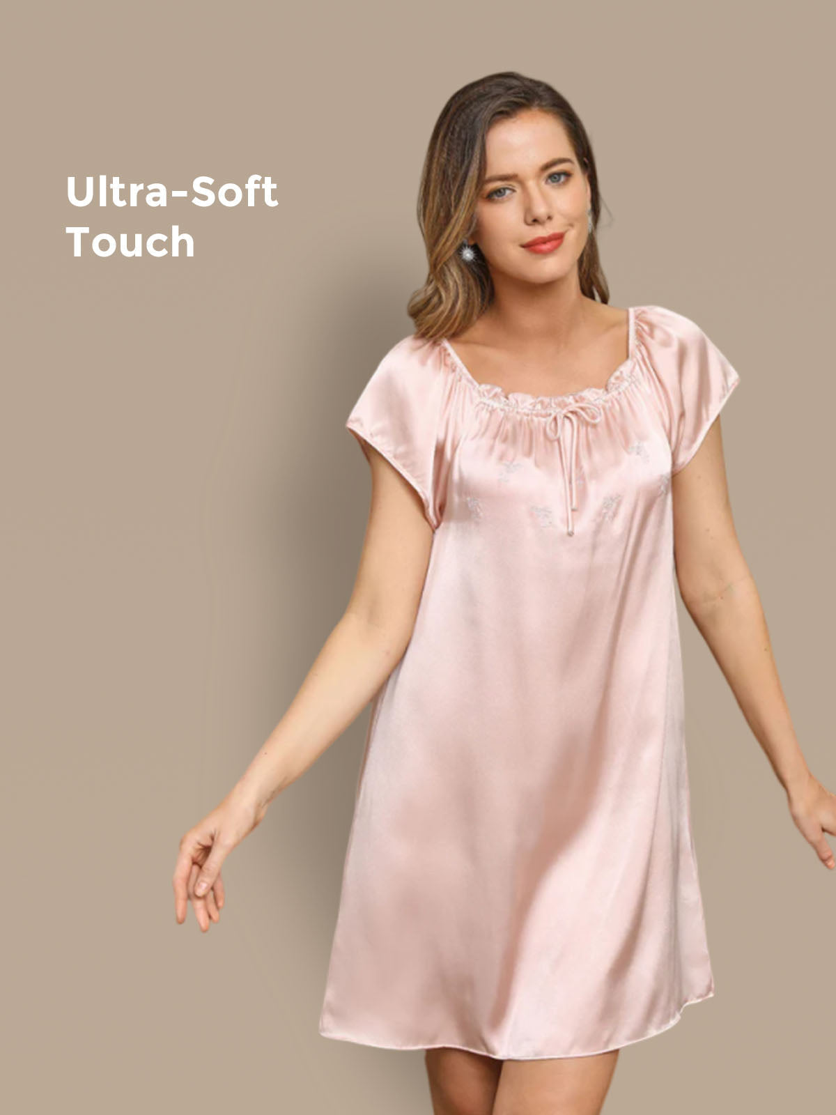 [Vaalea Pinkki] SilkSilky-FI Cap Sleeve Square Neck Yöpaita 001