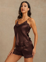 [Ruskea] SilkSilky-FI Spaghetti Strap V Neck Camisole Setti 001