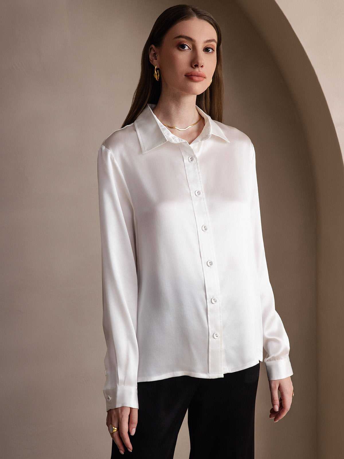[Valkoinen] SilkSilky-FI 19Momme Silk Long Sleeve Collar Naisten paita 003