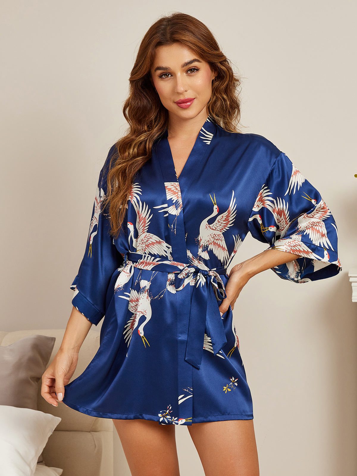 [Tummansininen] SilkSilky-FI 19Momme Pure Silk 3/4 Sleeve Deep V Neck Naisten Aamutakki 003
